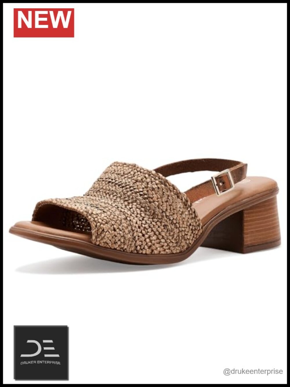 Heeled Slingback Sandals Raffia Leather Block Heel Adjustable Buckle